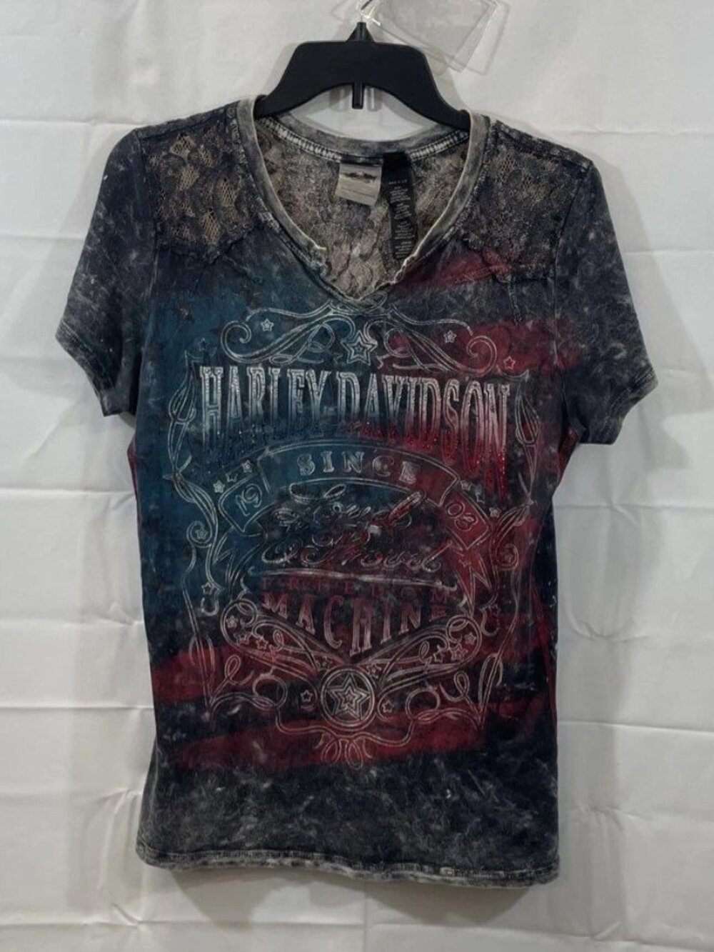 Harley-Davidson Lace Yoke Acid Wash Patriotic Graphic Tee Women's Medium